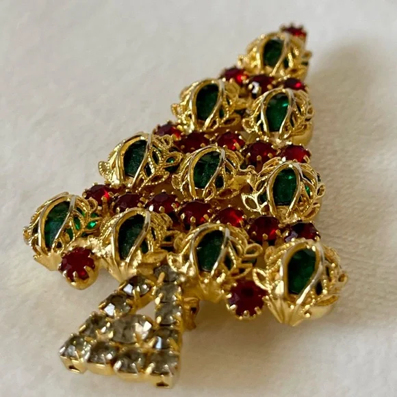 Vintage Hobo Rhinestone Goldtone Brooch Christmas Tree Pin Green Red Gray - Picture 6 of 13